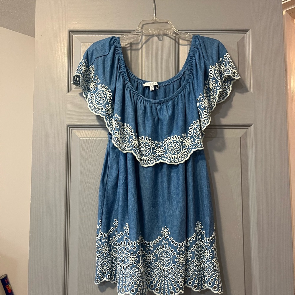 Fever Blue Embroidered Off-Shoulder Tunic